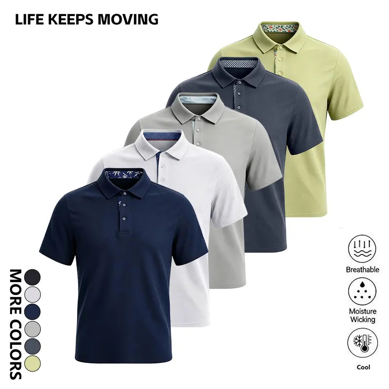 LIFE KEEPS MOVING Summer men’s polo shirt—stylish, casual, comfortable, breathable; suitable for leisure and business; classic fit; summer business style.