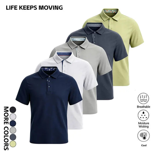 LIFE KEEPS MOVING Summer men’s polo shirt—stylish, casual, comfortable, breathable; suitable for leisure and business; classic fit; summer business style.