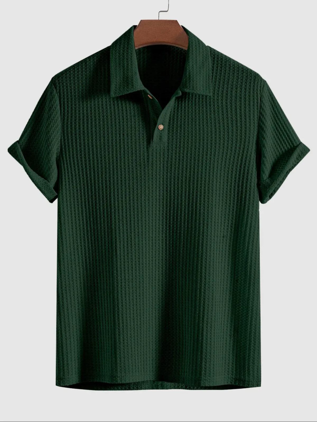 Men's Plain Jacquard Knit Polo Shirt, Polo Style Regular Fit Casual Short Sleeve Button Front Green Top for Summer, Fashion Clothes for Daily Wear