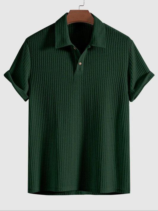 Men's Plain Jacquard Knit Polo Shirt, Polo Style Regular Fit Casual Short Sleeve Button Front Green Top for Summer, Fashion Clothes for Daily Wear