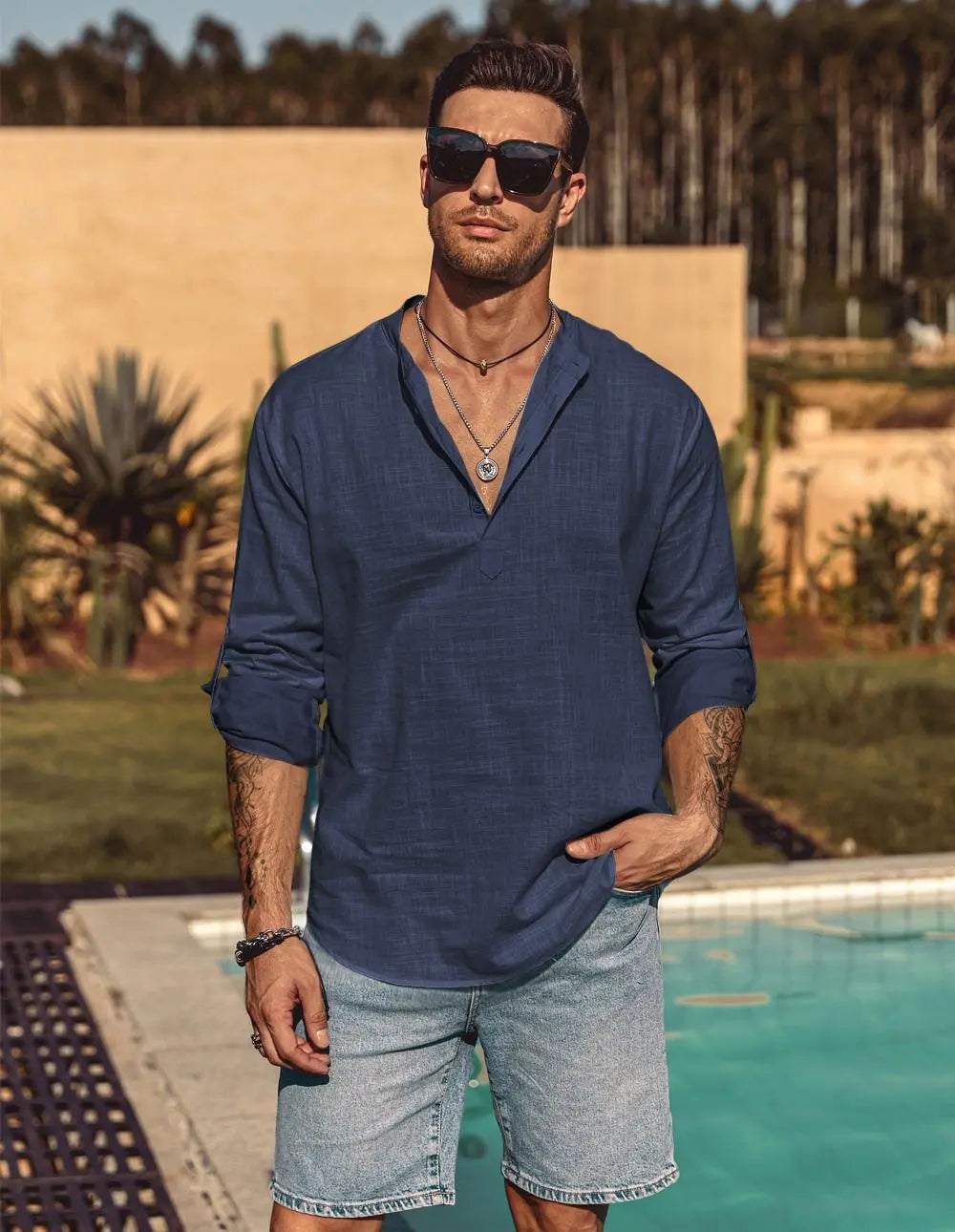 COOFANDY Week Men's Cotton Linen Henley Shirt Long Sleeve Hippie Casual Beach T Shirts Menswear Soft Beach Wear Breathable Vneck Fashion Lightweight Stylish Slim Fit（runs small ）