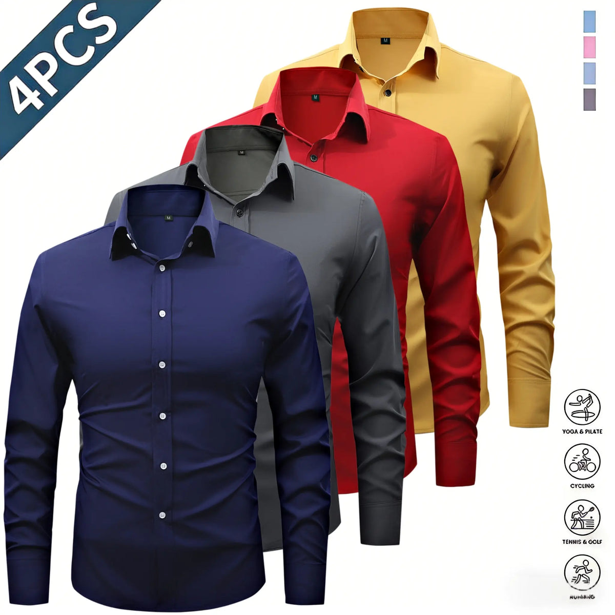 Men’s Solid-Color Long-Sleeve Shirts (4-Pack) - Fashion Apparel with Notched Lapel Collar, Comfortable Neck Button Placement, Sharp Structured Fit, Stretch Fabric, Mens Gifts for Fathers Day, 4 Shirts Refresh Your Rotation