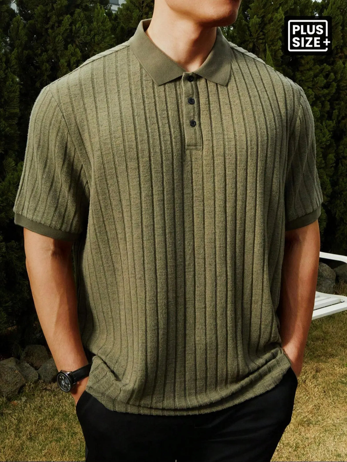 【Plus Size】Men's Plus Size Solid Rib-Knit Casual Polo Shirt, Plain Collar Shirt, Formal, Short Sleeve, Summer, Collared Polo Shirt, Plain Polo Shirts, Summer Polos