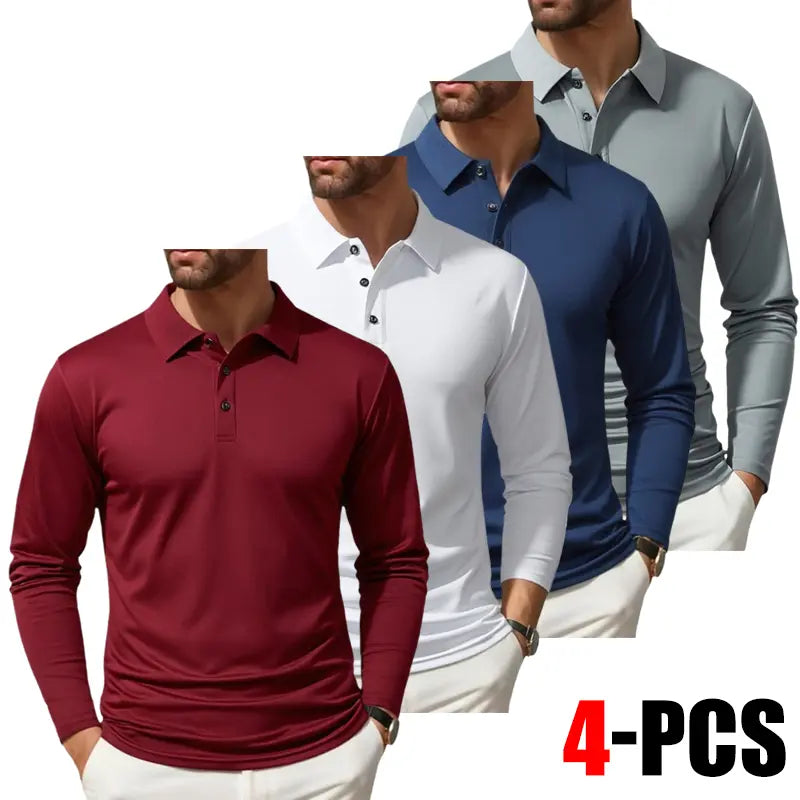 Clean Gent 4-Piece Men's Long Sleeve Polo Shirt, Soft and Comfortable Men's Golf Shirt, Casual Long Sleeve Classic POLO Shirt, Button Front Blouse, Elastic Fashion Men's Clothing, All Seasons