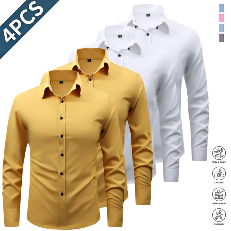 Men’s Solid-Color Long-Sleeve Shirts (4-Pack) - Fashion Apparel with Notched Lapel Collar, Comfortable Neck Button Placement, Sharp Structured Fit, Stretch Fabric, Mens Gifts for Fathers Day, 4 Shirts Refresh Your Rotation