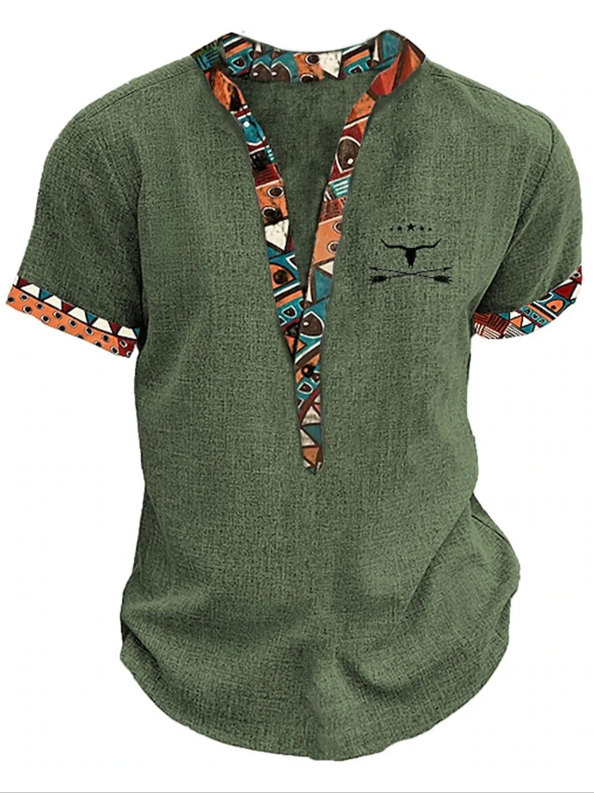 Men's Patchwork Ethnic Geometric Pattern Half Button Front Shirt, Casual Soft Fit, Graphic Short Sleeve Mock Neck Top for Summer, Men's Clothes for Daily Wear