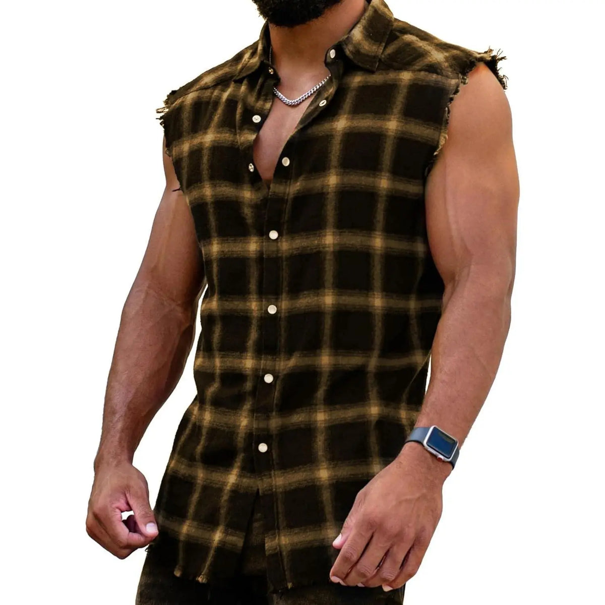 PASLTER Men's Cooler Sleeveless Checked Plaid Front Style Cotton Casual Fashion Shirt, Button-Down Cowboy Vest Top, Men's Clothing B1Y009,clothes for back to school,first day of school outfits