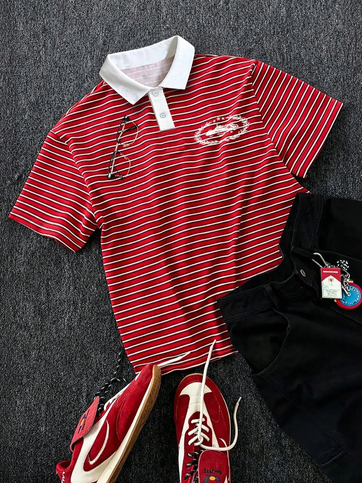 Men's Striped Polo Shirt, Summer Polo Shirts, Colorblock Lapel Embroidered Badge, College Style Streetwear, Loose Fit Summer Casual Top