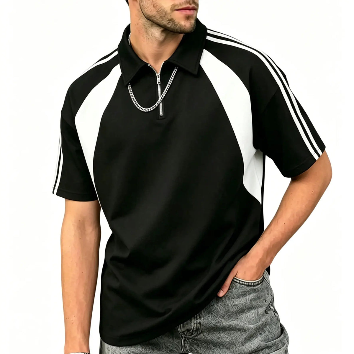 Men's Colorblock Half-Zip Polo Shirt - Short Sleeve, Striped Ribbing, Casual Loose-Fit, Breathable Soft Poly-Cotton Elastane Boyfriend-Style Athletic Menswear Top