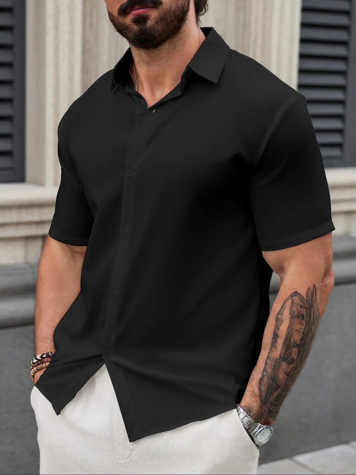 Men's Regular-Fit Solid Color Short-Sleeve Button-Front Shirt, Menswear Classic Casual Collared Top for Summer Daily Wear, Button Down Front
