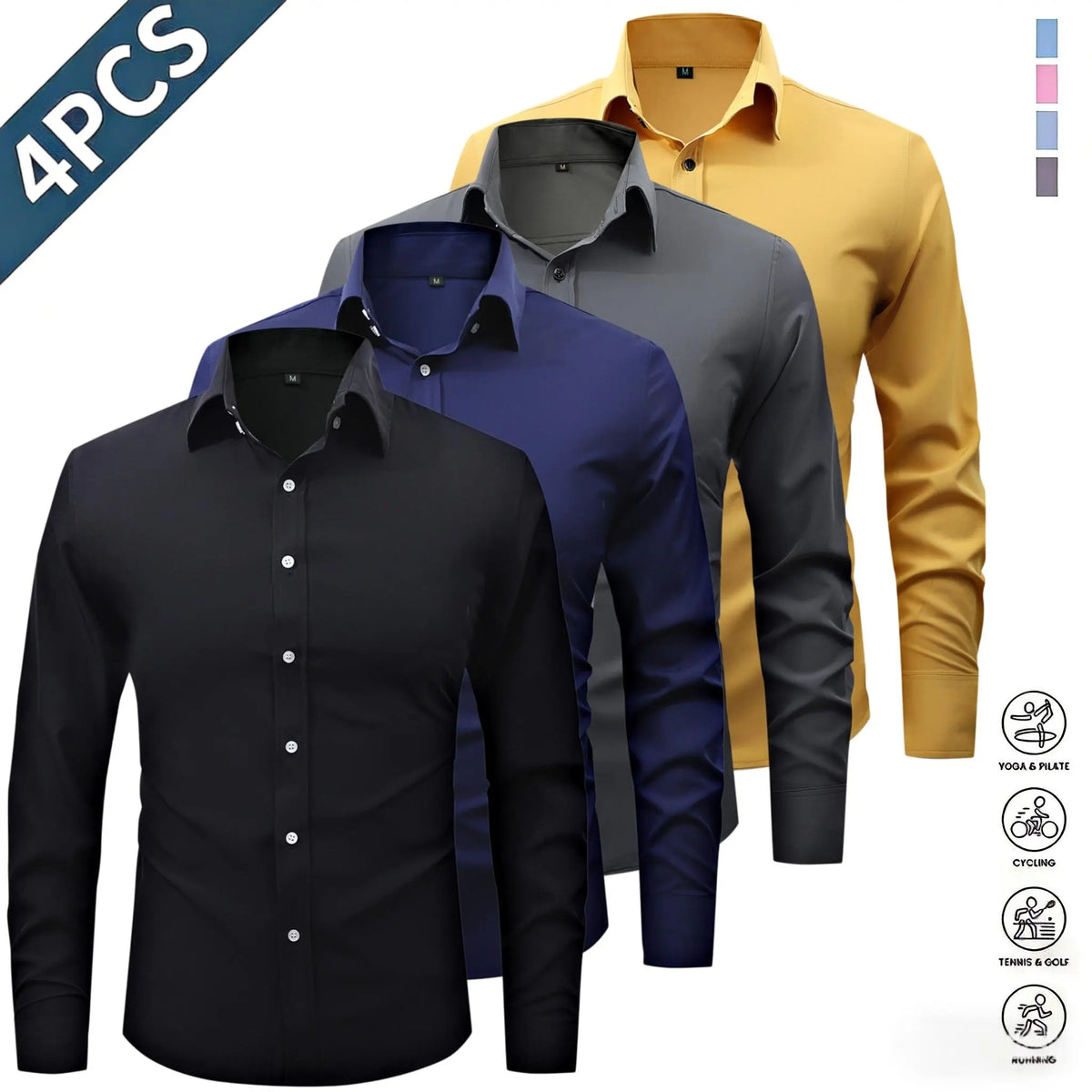 Men’s Solid-Color Long-Sleeve Shirts (4-Pack) - Fashion Apparel with Notched Lapel Collar, Comfortable Neck Button Placement, Sharp Structured Fit, Stretch Fabric, Mens Gifts for Fathers Day, 4 Shirts Refresh Your Rotation