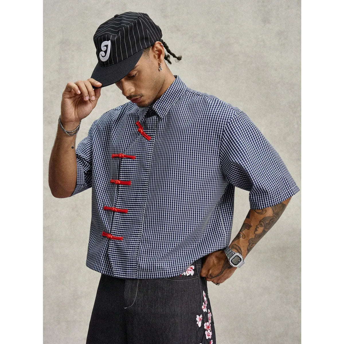 Men's Black And White Plaid Summer Streetwear City Break Short Sleeve Chinese-Style Button-Up Retro Oblique Collar Shirt