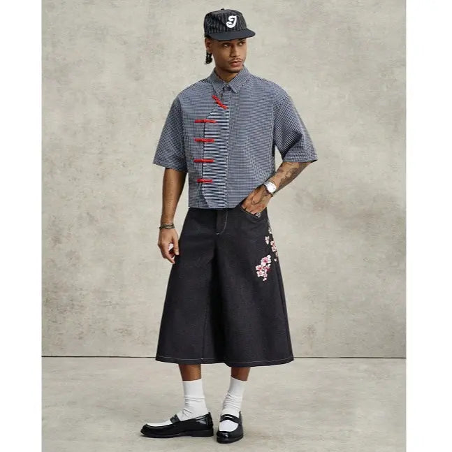 Men's Black And White Plaid Summer Streetwear City Break Short Sleeve Chinese-Style Button-Up Retro Oblique Collar Shirt