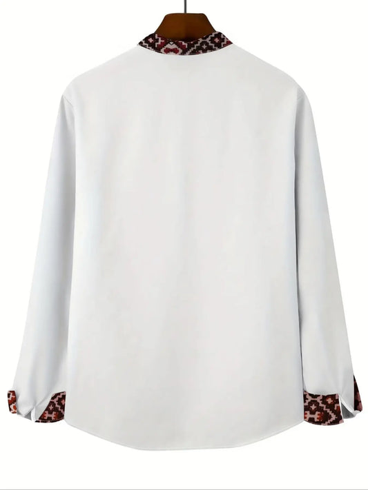 Men's Ethnic Cultural Print Shirt, Long Sleeve Collared Fitted Blouse, Casual Spring & Fall Top, Trendy Vacation Wear, No Zipper Design