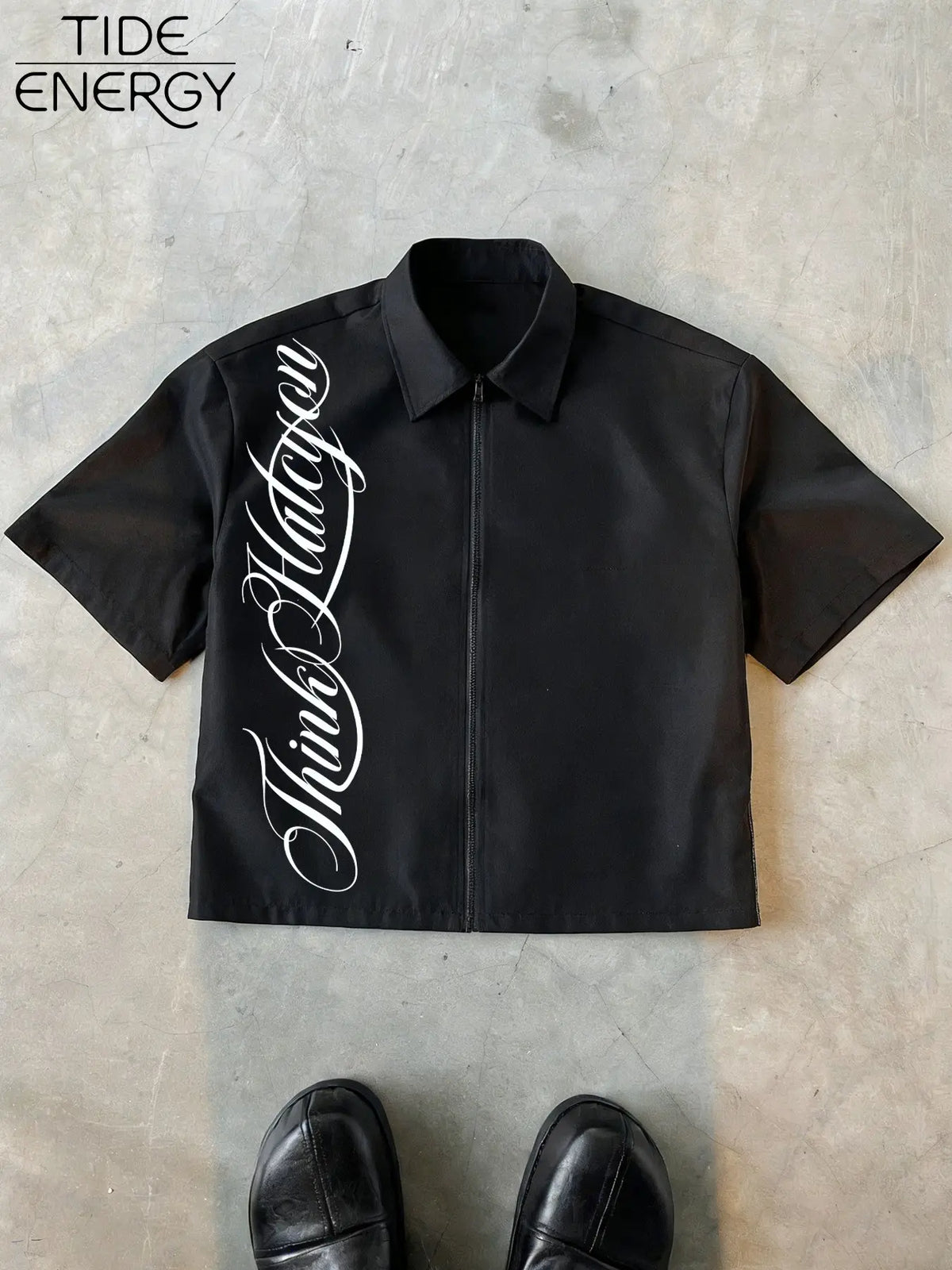 Men's Think Halcyon Handwriting Print Zipper Shirt, Casual Fashion Shirt, Y2K Street Style Short Sleeve Blouse, Breathable Casual Top for Daily Wear, Streetwear