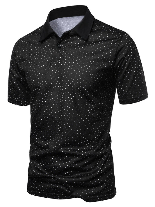 Men's Polka Dot Print Short Sleeve Knit Buttoned Polo Shirt, Casual Regular Fit Button Front Top for Summer, Fashion Men's Clothes for Daily Wear, Menswear