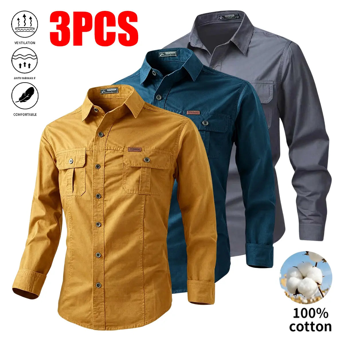Set of three pure cotton long-sleeve work shirts for men: button-up work/utility tactical shirt for fishing and hunting; casual loose-fit long-sleeve button shirt with two pockets, suitable for outdoor hunting.