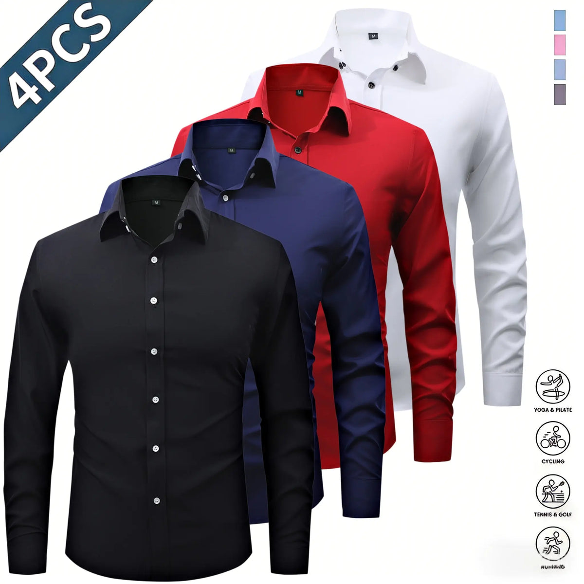 Men’s Solid-Color Long-Sleeve Shirts (4-Pack) - Fashion Apparel with Notched Lapel Collar, Comfortable Neck Button Placement, Sharp Structured Fit, Stretch Fabric, Mens Gifts for Fathers Day, 4 Shirts Refresh Your Rotation