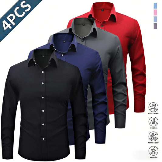 Men’s Solid-Color Long-Sleeve Shirts (4-Pack) - Fashion Apparel with Notched Lapel Collar, Comfortable Neck Button Placement, Sharp Structured Fit, Stretch Fabric, Mens Gifts for Fathers Day, 4 Shirts Refresh Your Rotation