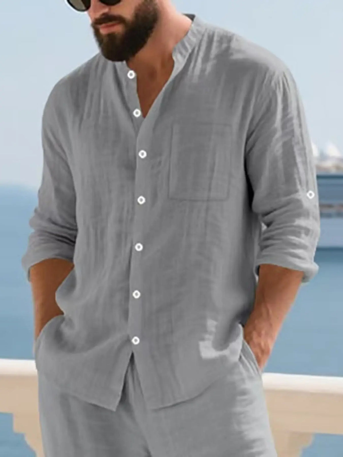 Men's Simple Button Front Long Sleeve Linen Shirt, Breathable Comfortable Fabric, Casual Style Top for Outdoor Activities & Social Events