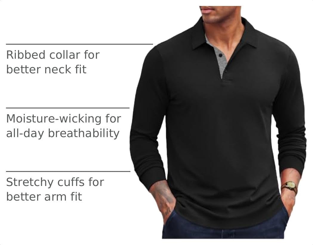 COOFANDY Mens Long Sleeve Polo Shirts Cotton Collared Shirts Casual Business Polo Classic Golf T Shirts
