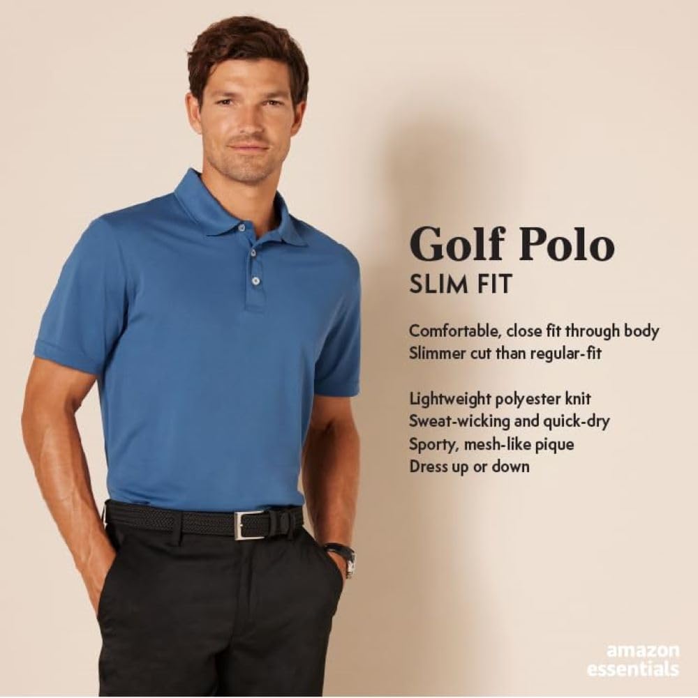 Amazon Essentials Men's Moisture Wicking Golf Polo Shirt, Short Sleeve, Slim-Fit, Quick-Dry, Active Wear