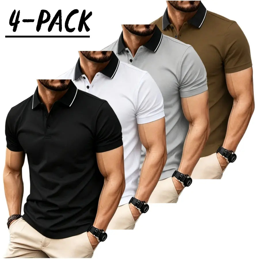 Men’s short sleeve polo shirt set of four pieces with a turn down collar and three buttons; urban casual style with contrast piping at the collar, slim tailored shoulders, and refined bead detailing. Suitable for men’s commuting, shopping, and exploring s