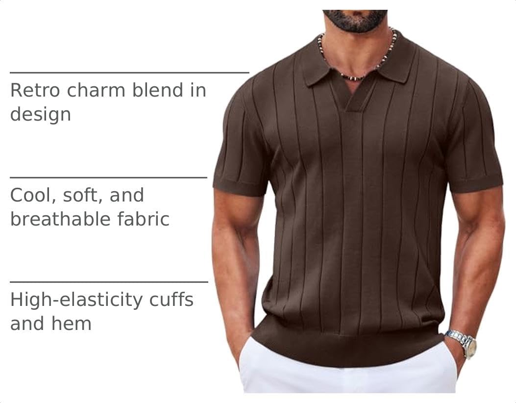 COOFANDY Mens Polo Shirts Short Sleeve V Neck Knit Shirts for Men Casual Old Money Clothes Mens Golf Shirt