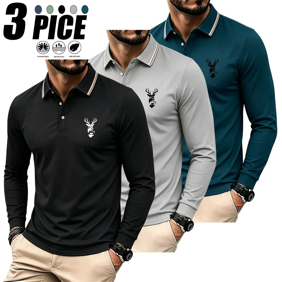 Men's 3-Pack Regular Fit Long-Sleeve Printed Preppy Retro Polo Shirts, Lightweight Breathable Casual Fit Collared Sporty Tops for Casual Wear