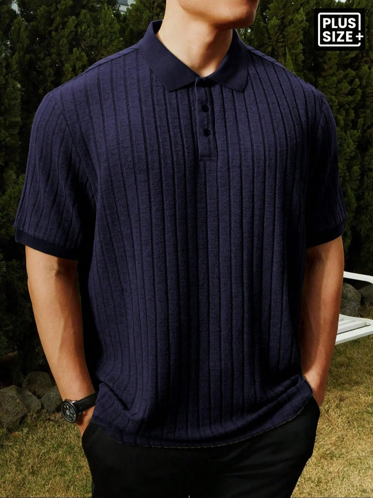 【Plus Size】Men's Plus Size Solid Rib-Knit Casual Polo Shirt, Plain Collar Shirt, Formal, Short Sleeve, Summer, Collared Polo Shirt, Plain Polo Shirts, Summer Polos