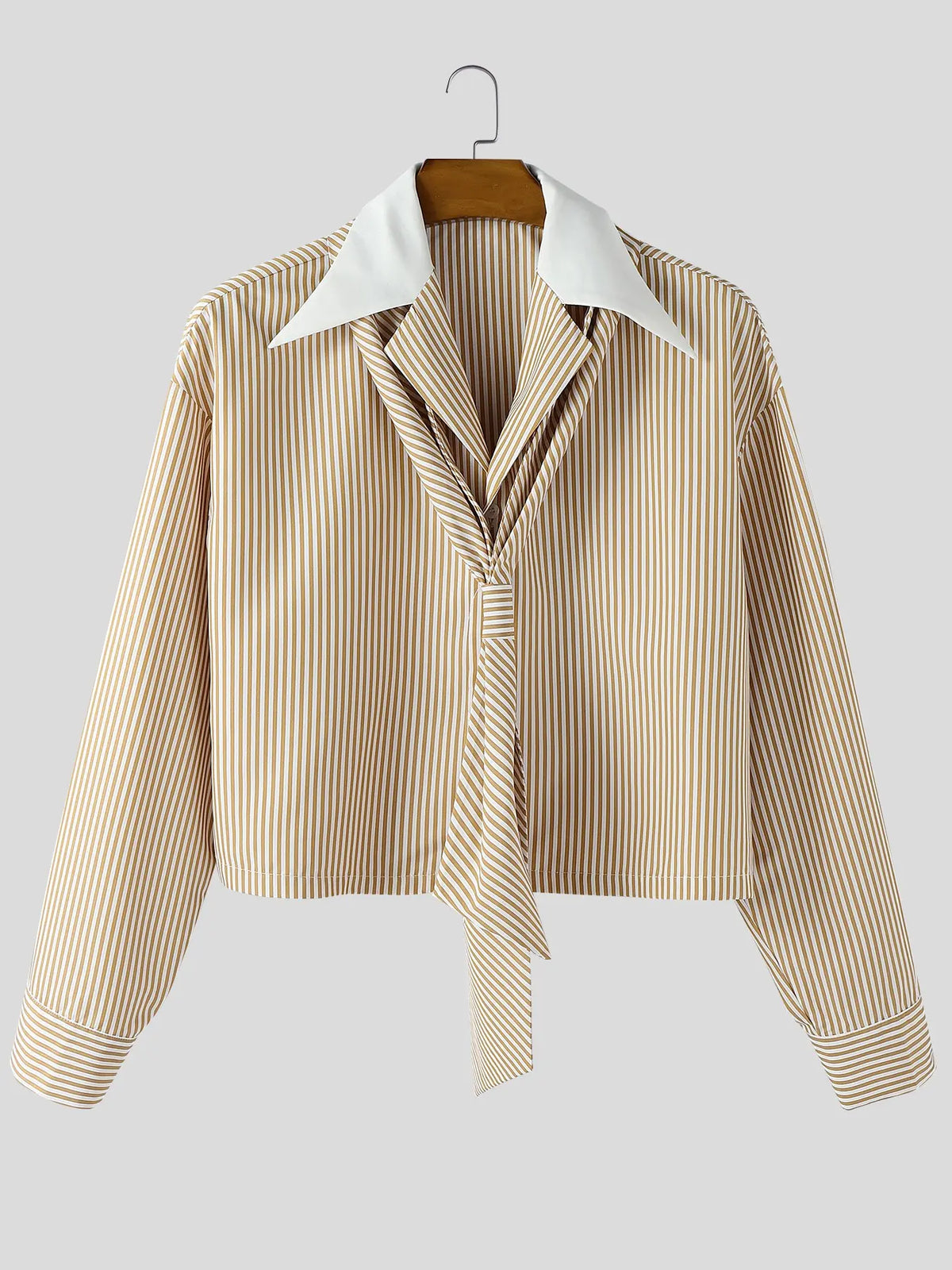 INCERUN Men's Striped Contrast Lapel Collared Long Sleeve Short Shirt, Menswear, Perfect for Daily Wear, Stylish and Comfortable, Ideal for Casual, Casual Stylish Clothing