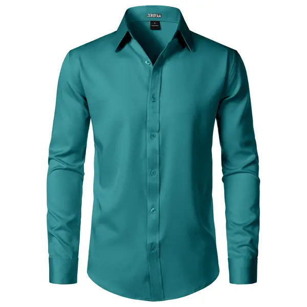 ZEROYAA Men's Fitted Modern Tailored Cut Dress Shirt - Plain Finish Long Sleeves Tops, Stretch Fabric, Wrinkle-Free, Button-Down for Formal Business, Wedding (US Sizes)