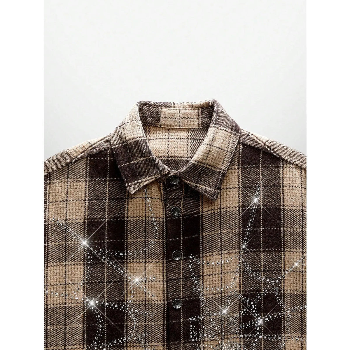 【Order Size Up】Unisex Spring Summer Glitter Street Style Crystal Spider Web Plaid Short Sleeve Woven Shirt