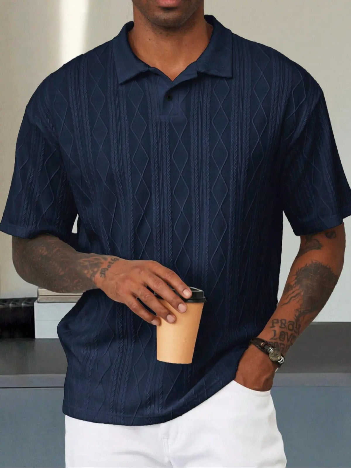 Men's Textured Design Knitted Polo Shirt, Casual Summer Fitted Plain Short Sleeve Top, Soft Breathable Fabric, Trendy Daily Wear, Casual Polo Shirts