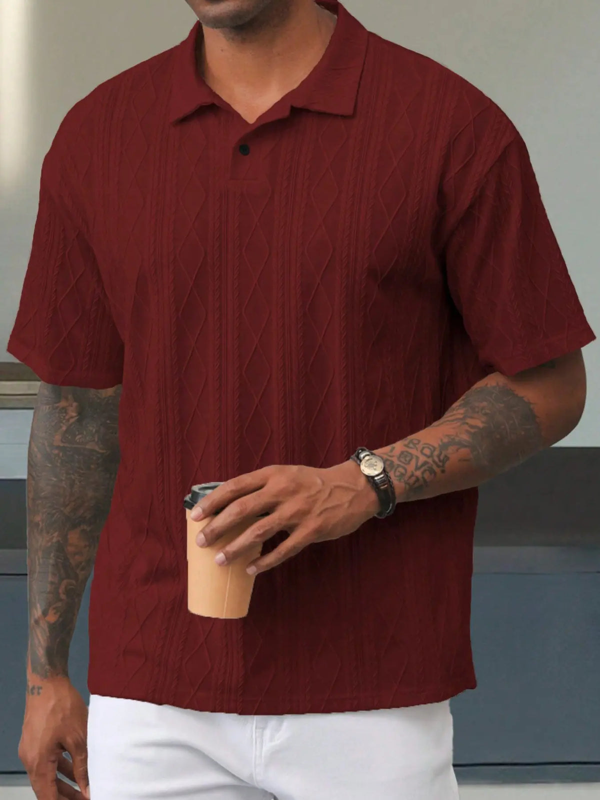 Men's Textured Design Knitted Polo Shirt, Casual Summer Fitted Plain Short Sleeve Top, Soft Breathable Fabric, Trendy Daily Wear, Casual Polo Shirts