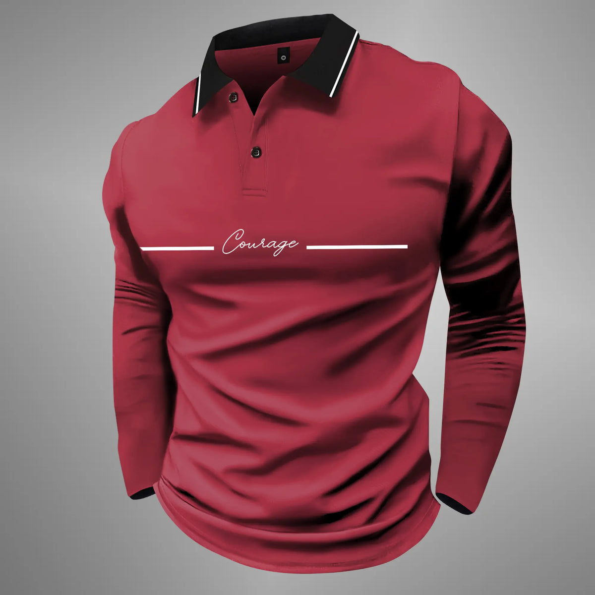 Men's Long Sleeve Polo Shirt with 'Courage' Print, Casual and Business Casual Attire for Fall/Spring, Lightweight and Ideal for Daily Outings