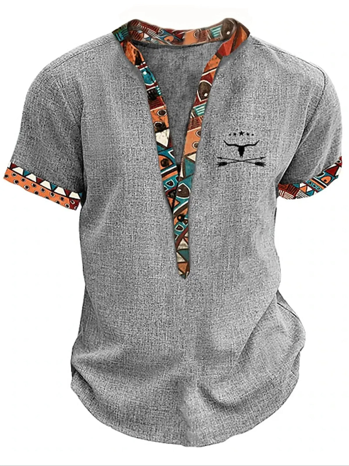 Men's Patchwork Ethnic Geometric Pattern Half Button Front Shirt, Casual Soft Fit, Graphic Short Sleeve Mock Neck Top for Summer, Men's Clothes for Daily Wear