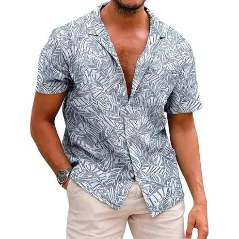 COOFANDY B Men's Cotton Linen Tropical Holiday Beach Shirt Classic Floral Menswear Top Overall Collar Casual Shortsleeve