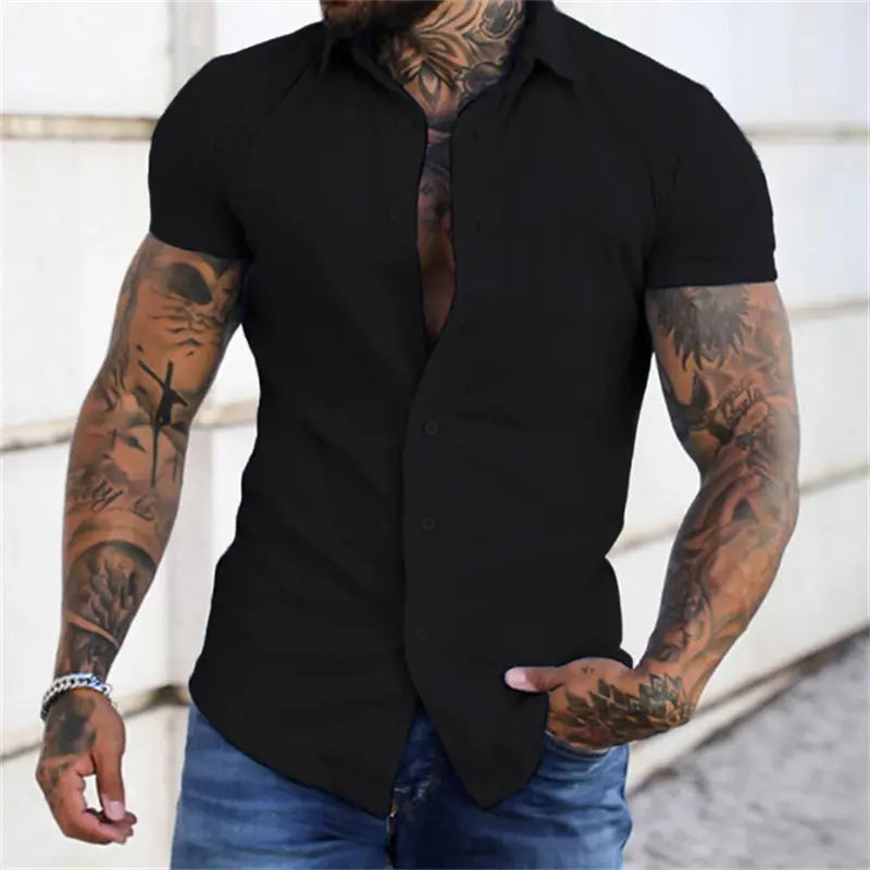 Men's Muscle Fit Short-Sleeve Collared Neck Dress Shirt - Plain, Wrinkle-Free Retro Tribal Button-Down Top, Casual Menswear Cardigan-Inspired Shirt