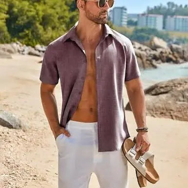 COOFANDY Mens Button Down Shirt Short Sleeve Casual Shirts Beach Summer Linen Shirts Wedding Vacation Shirt