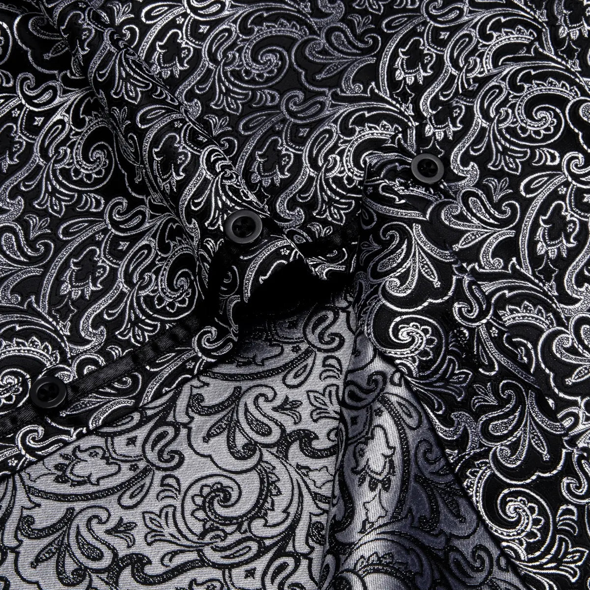 AILISUS Men's Oversize Floral Jacquard Paisley Button Shirt - Black/Gray, Business Casual Work Wear, Ideal for Dances, Graduation, Show, Party Wear, Gifting Option