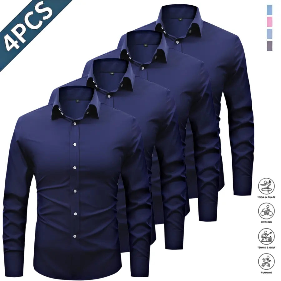 Men’s Solid-Color Long-Sleeve Shirts (4-Pack) - Fashion Apparel with Notched Lapel Collar, Comfortable Neck Button Placement, Sharp Structured Fit, Stretch Fabric, Mens Gifts for Fathers Day, 4 Shirts Refresh Your Rotation