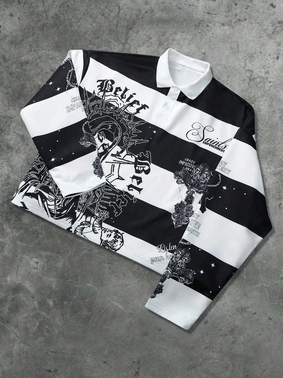 Y2K Cyber Grunge Striped Rugby Fitted Shirt | Oversized Gothic Graphic Long Sleeve Drip Polo Top | Alternative Aesthetic Fashion Casual Street Style Stylish Streetwear Collared for Unisex OOTD & Night Out