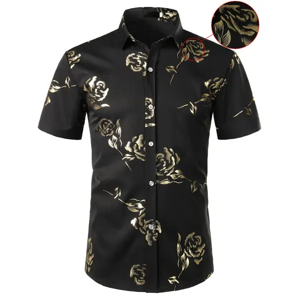ZEROYAA Mens Hipster Gold Rose Printed Slim Fit Short Sleeve Button Down Dress Shirts Casual Summer Style Casual Fashion,back to school,back to school shopping