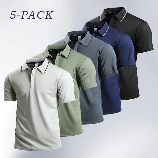 Men's 5-Pack Basic Fitted Solid Color Polo Shirts - Breathable Mesh Fabric, Contrasting Collar, Buttoned, Sporty Chic for Hot Weather Office & Athletic Activities