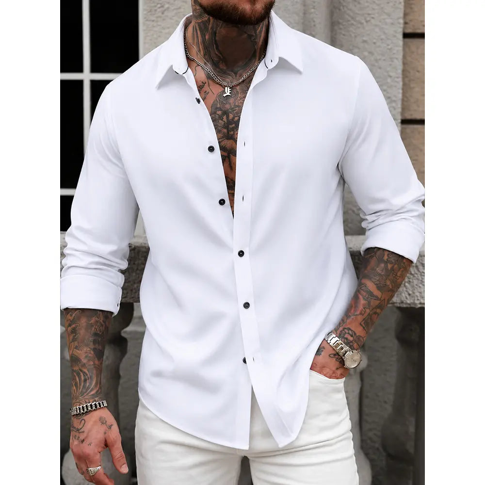 Men's Classic Plain Long-Sleeve Front Buttons Shirt - Soft Polyester-Spandex Blend, Cuffed Sleeves, Curved Design, Dark Blue, XL, Flexible for Daily Wear, Business/Casual