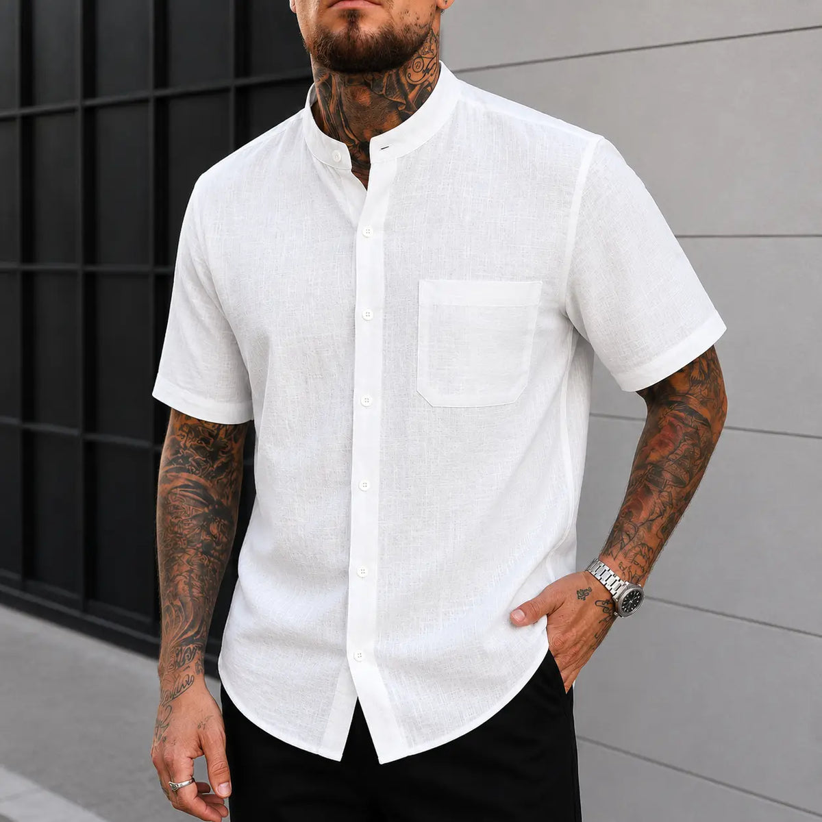 Men's Linen Blend Short Sleeve Button Down Shirt, Mandarin Collar, Lightweight Breathable Tops for Summer Beach, Menswear Plain Stylish Pocket Shirt