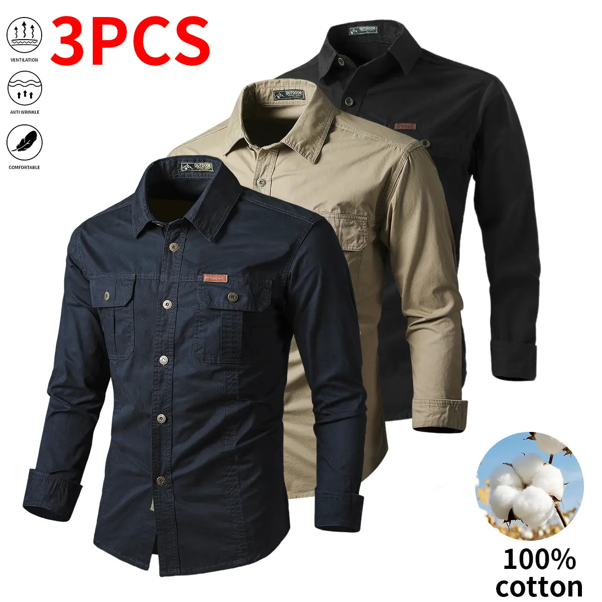 Set of three pure cotton long-sleeve work shirts for men: button-up work/utility tactical shirt for fishing and hunting; casual loose-fit long-sleeve button shirt with two pockets, suitable for outdoor hunting.