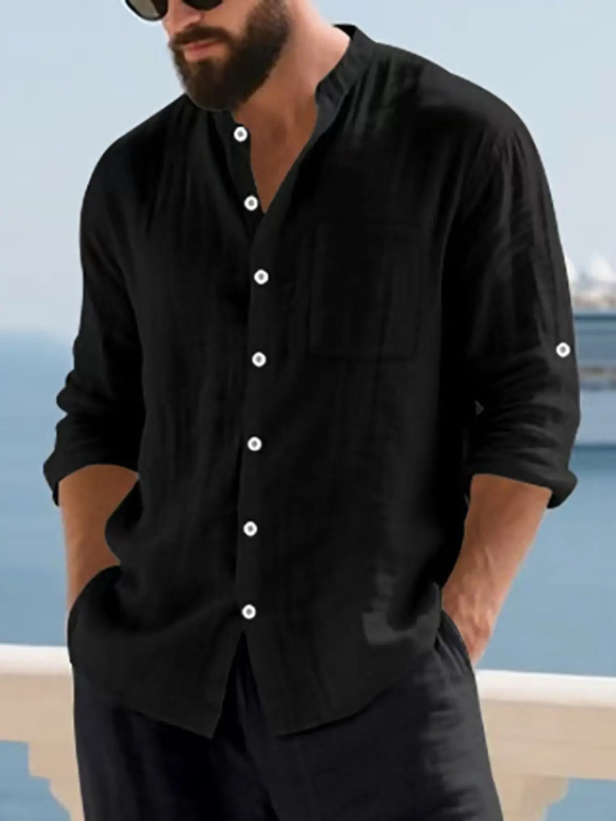 Men's Simple Button Front Long Sleeve Linen Shirt, Breathable Comfortable Fabric, Casual Style Top for Outdoor Activities & Social Events