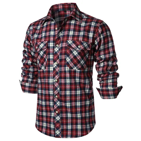 ZEROYAA Men's Plaid Flannel Shacket Tops - Classic Regular Fit, Collared Long Sleeve Button-Up Shirt with Pockets, Rayon Fabric, Button Detailing for Casual Business Wear